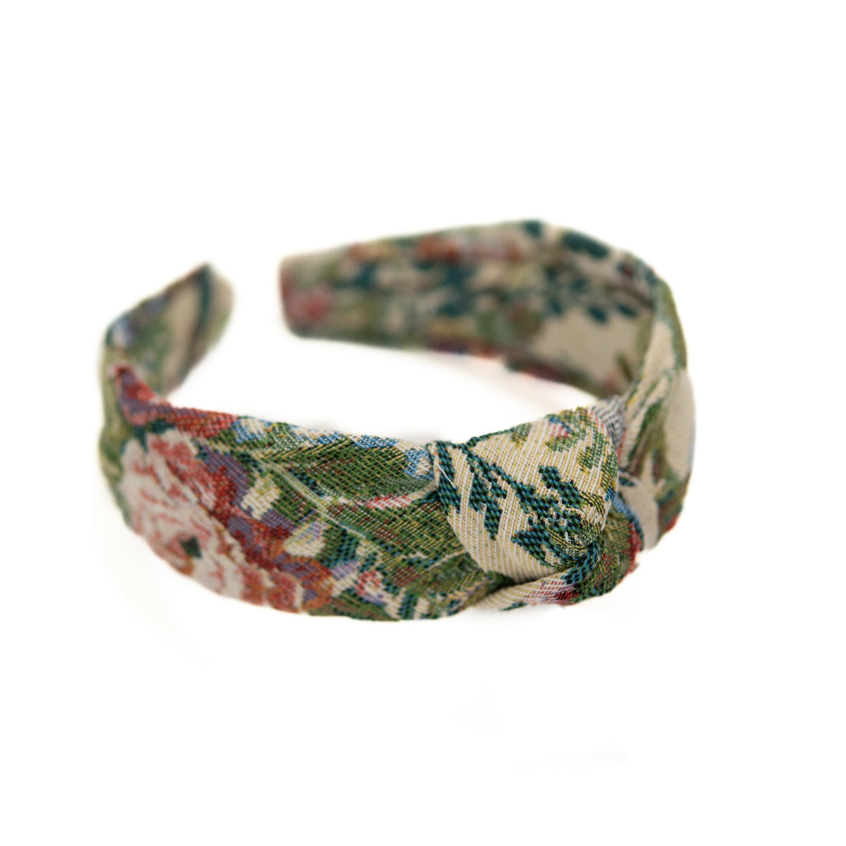 Wide multicolor knotted fabric headband with center bow-knot