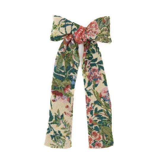 Multicolor floral plaid lady hair bow with long ribbon tails
