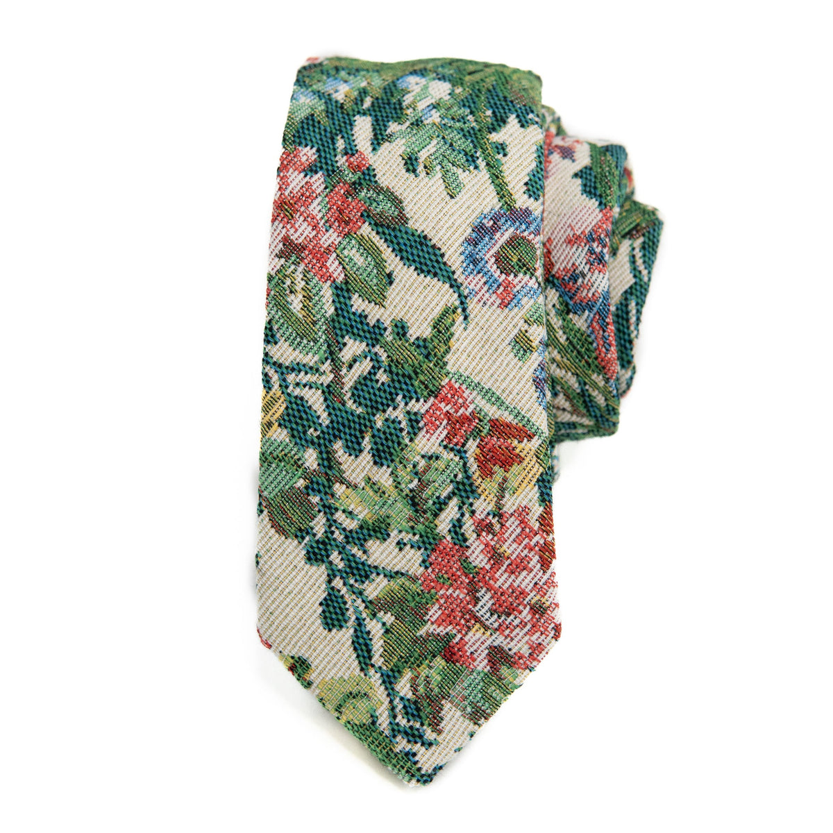 Men's tie with green, red and cream geometric pattern, textured woven finish