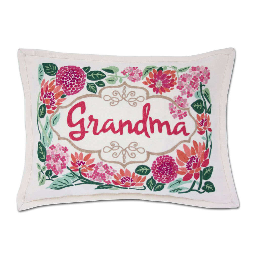 Embroidered rectangular pillow with floral frame and 'Grandma' text, off-white fabric