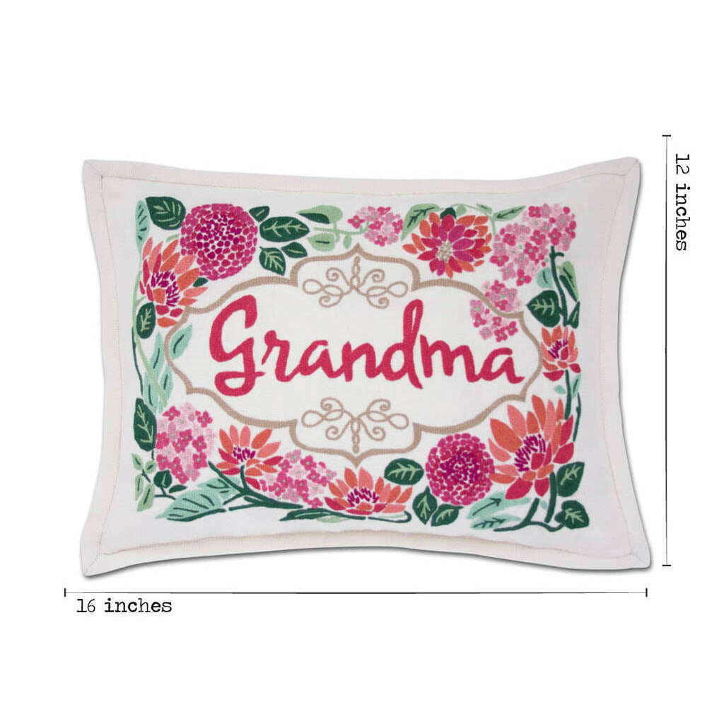 Embroidered 'Grandma' floral rectangular pillow, off-white with green and pink flowers