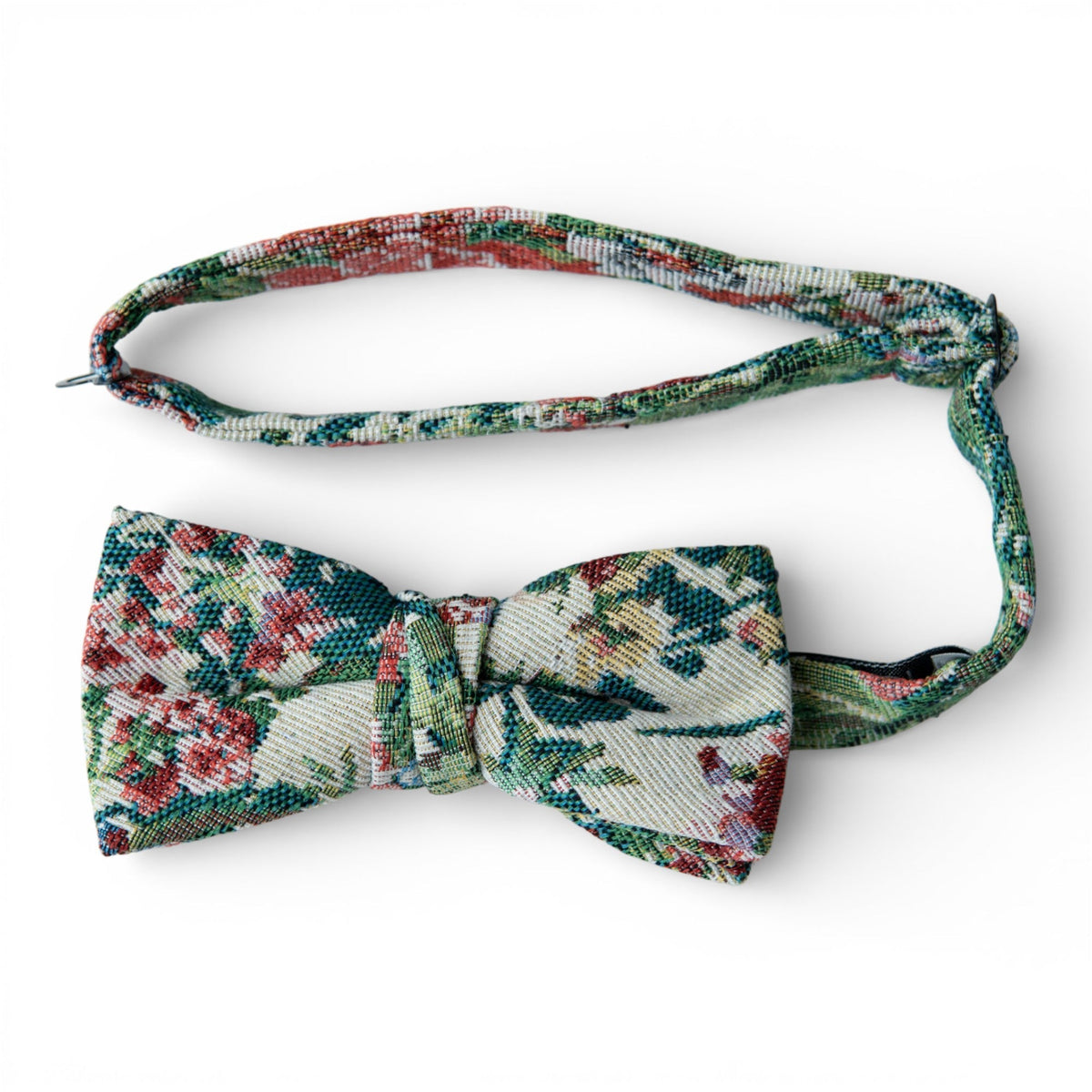 Men's pre-tied bow tie with multicolor woven pattern and neck strap