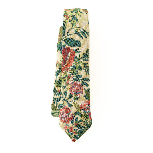 Youth necktie with green, red, and cream woven floral pattern