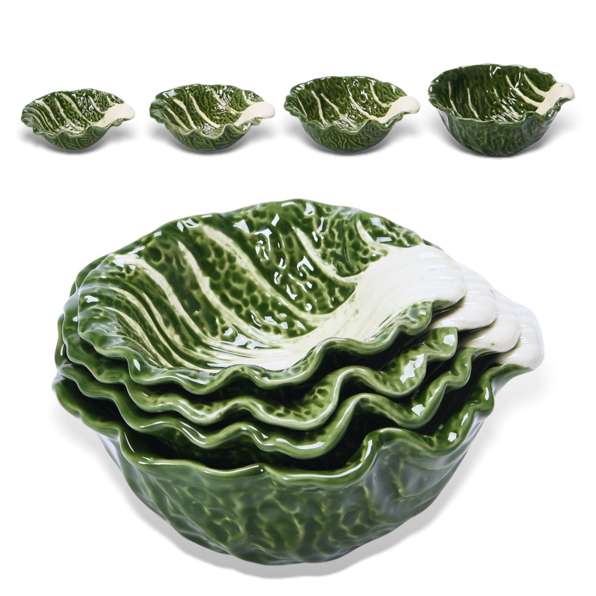 Set of 4 cabbage-shaped nesting bowls in glossy green and white ceramic.