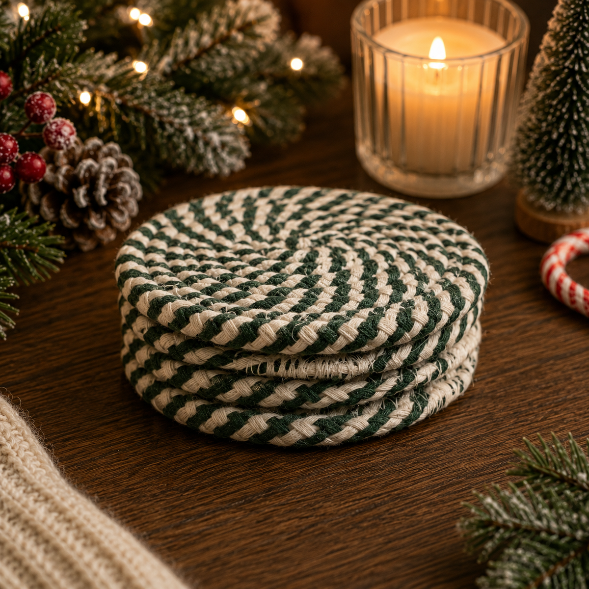 Green striped braided rope coaster, round candy cane spiral with tied layers