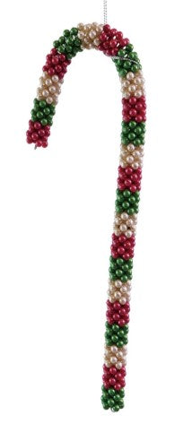 Red, white, and green beaded candy cane ornament with hanging string