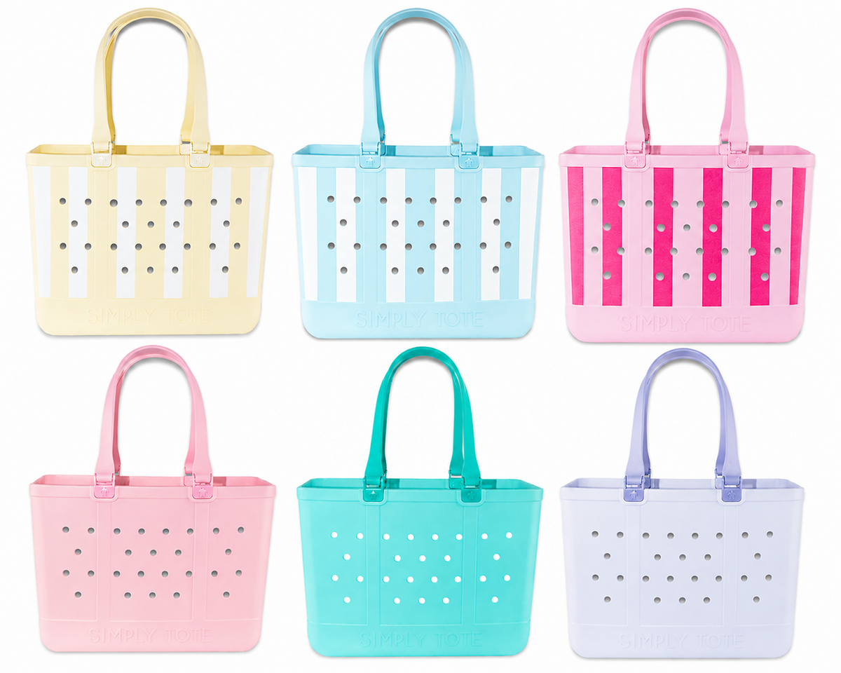 Set of six large tote bags in coral, lagoon, lavender, berry stripe, lemon stripe, and sky stripe