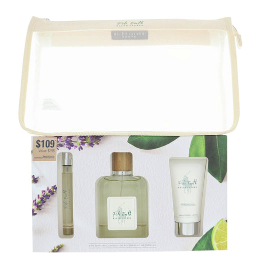 Polo Earth men's fragrance 3-piece set in beige zip pouch with three bottles