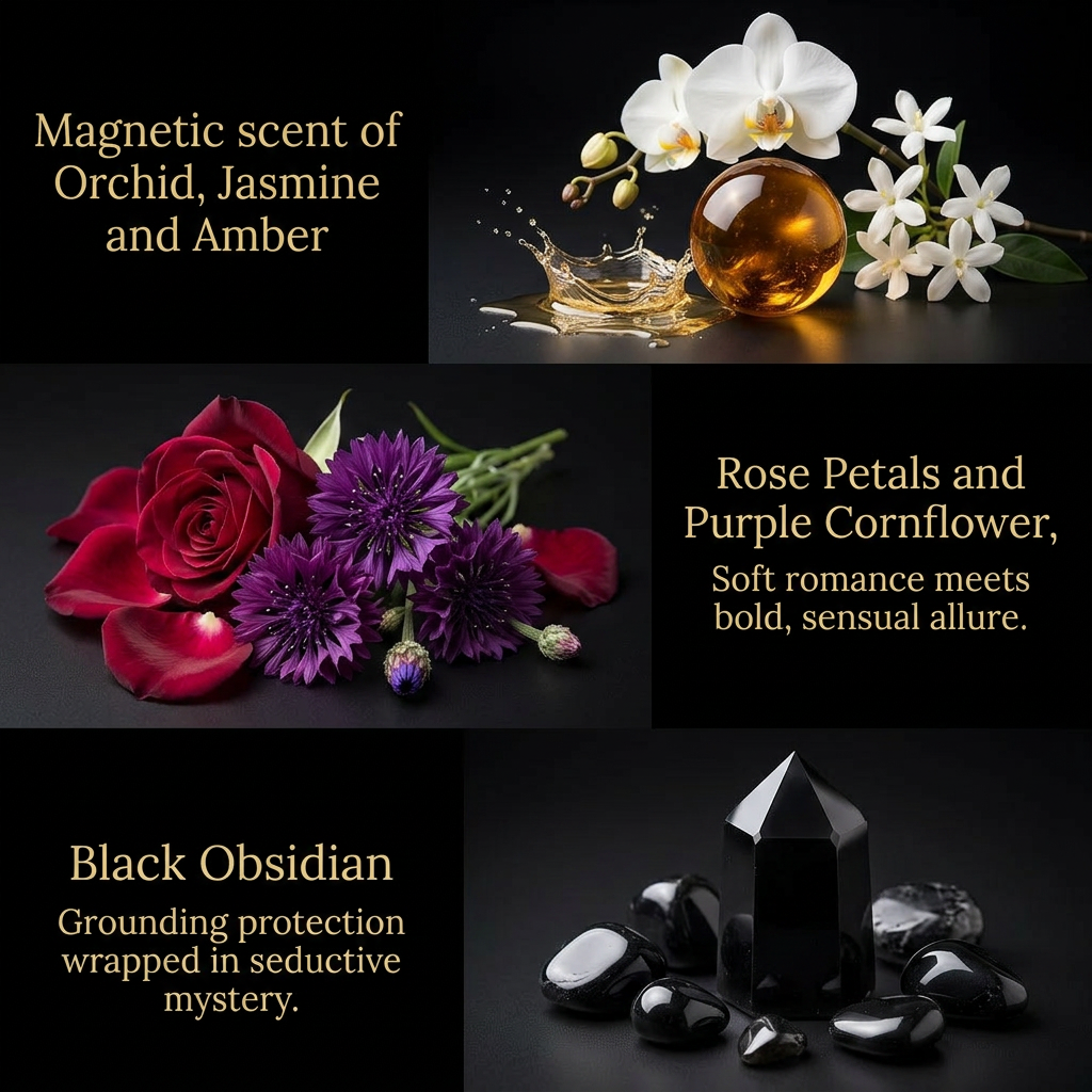Body oil fragrance notes graphic featuring orchid, jasmine, amber, roses, cornflowers and obsidian