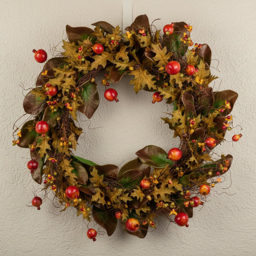 Magnolia leaf and pomegranate wreath with dense dark green leaves and red berry accents