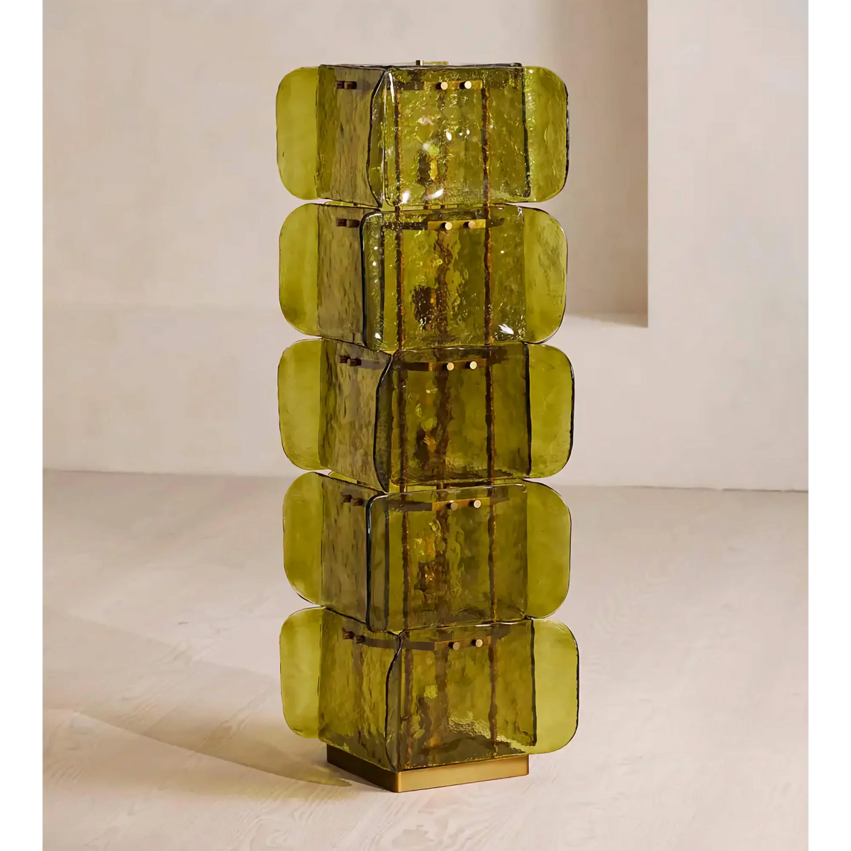 Tall green glass lamp with five rounded rectangular panels