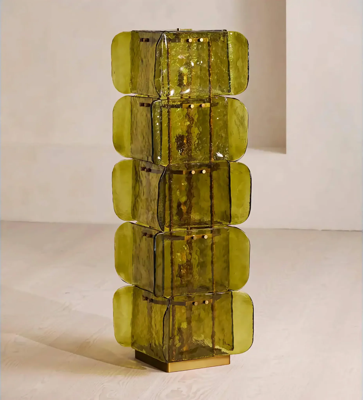 Green glass floor lamp with five stacked panels and a square base