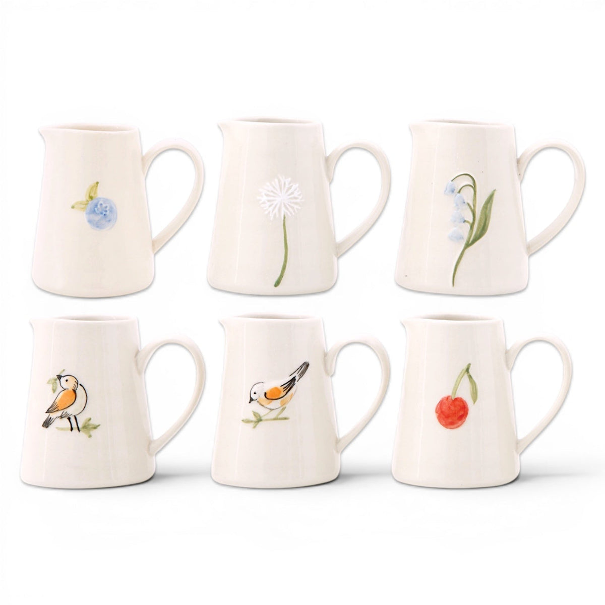 Mini ceramic creamers set of 6, off-white with blue flowers and bird motifs