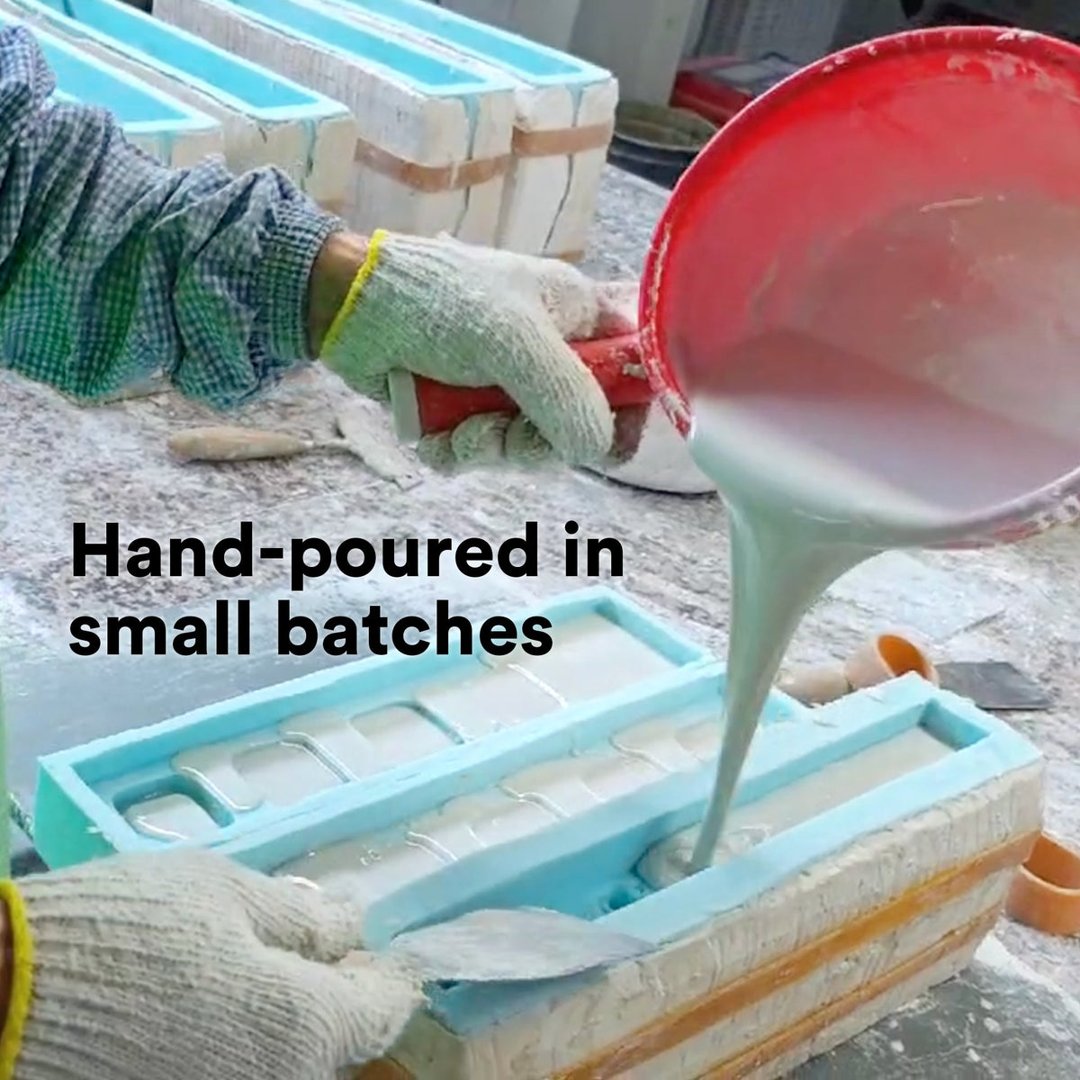 Mini Pyrex-inspired bowl ornament molds with hand-poured liquid in a small tray