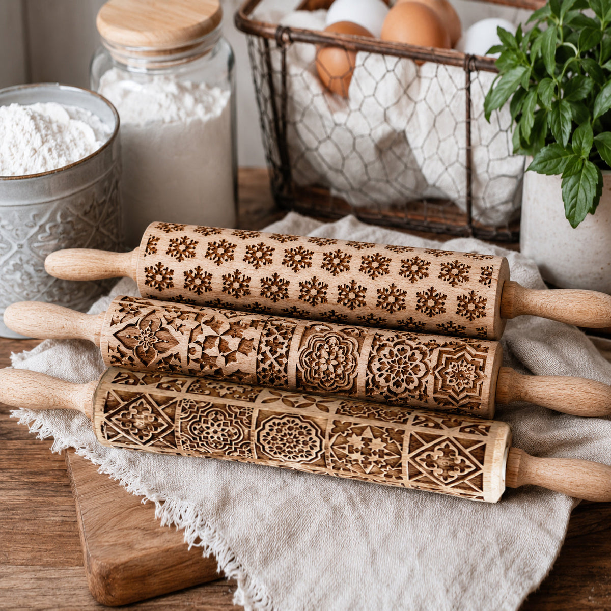 Wood rolling pin with dark brown patterned panels and decorative band detail