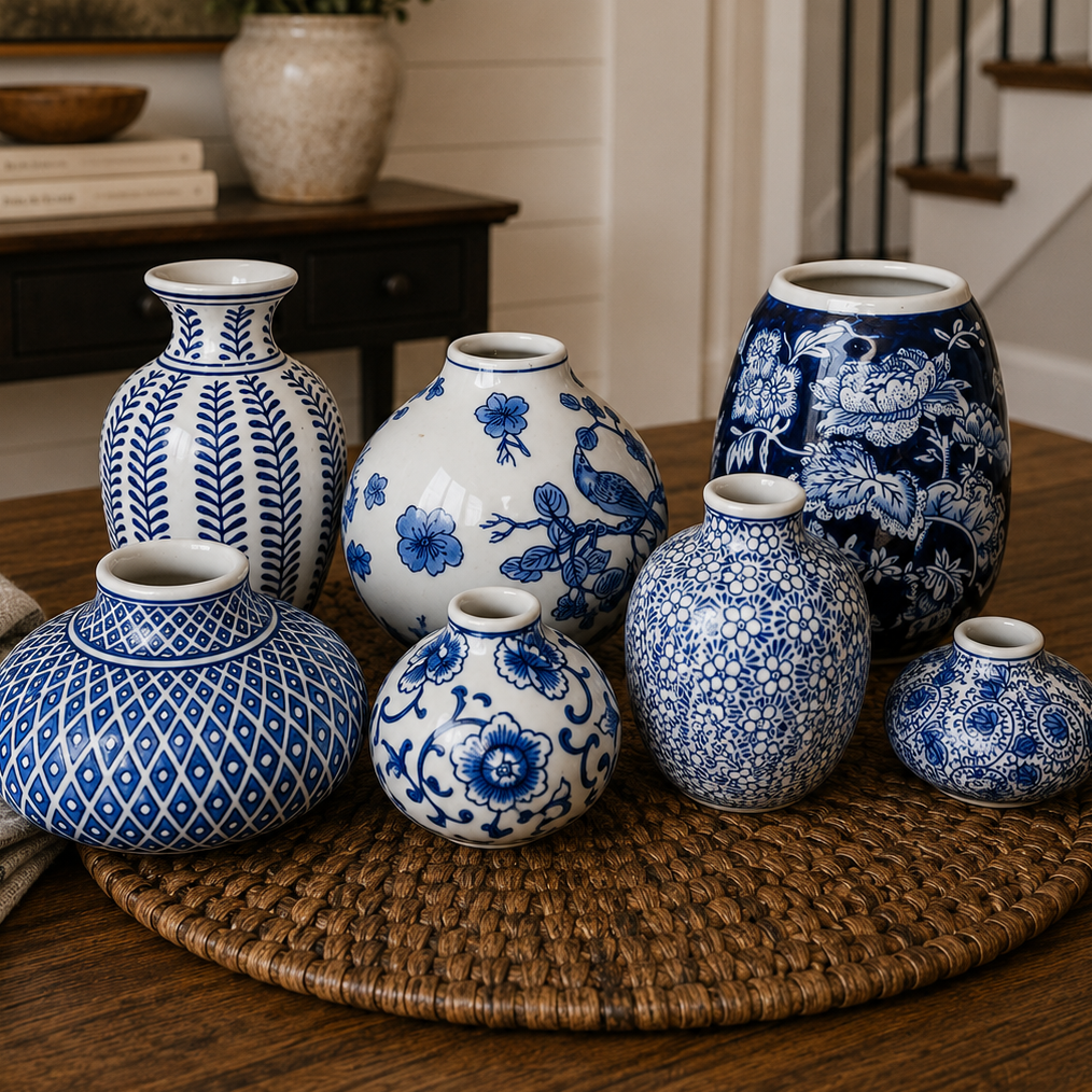 Set of blue and white patterned ceramic vases with wide openings on a woven tray