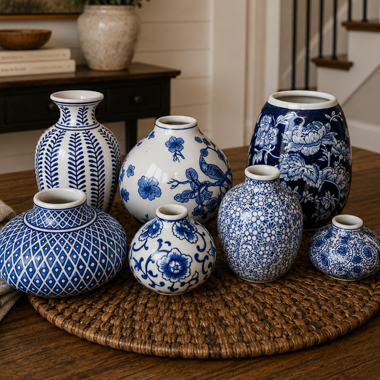 Set of blue and white patterned ceramic vases with wide openings on a woven tray