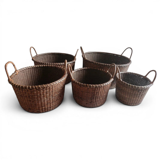 Set of woven rattan produce baskets with loop handles, mixed sizes