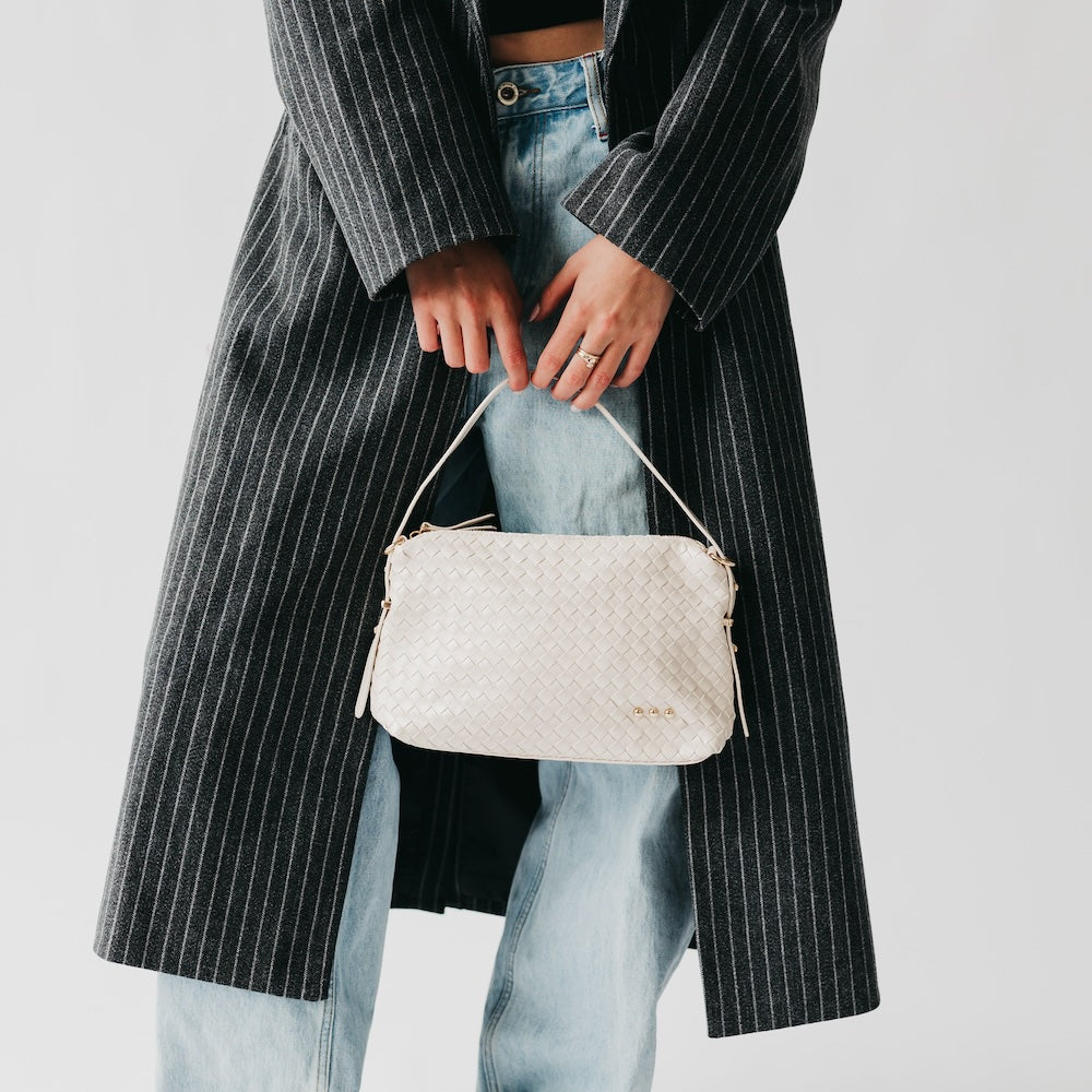 Woven hobo shoulder bag in cream with top zip and gold-tone hardware