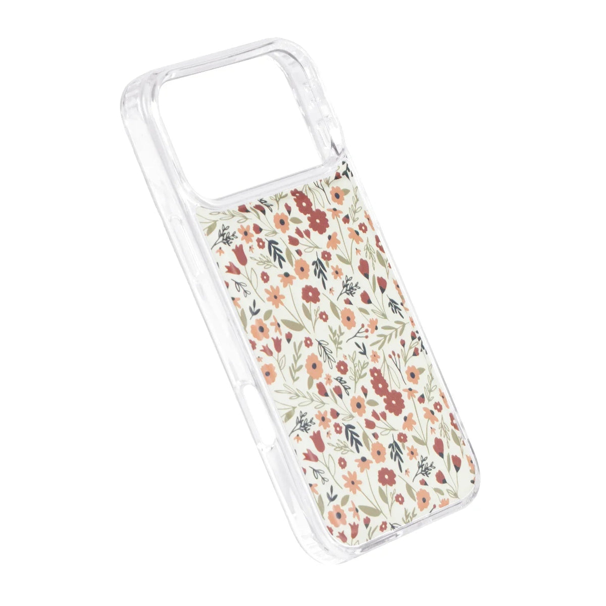 Magnetic phone case with clear bumper and cream autumn floral print, side view