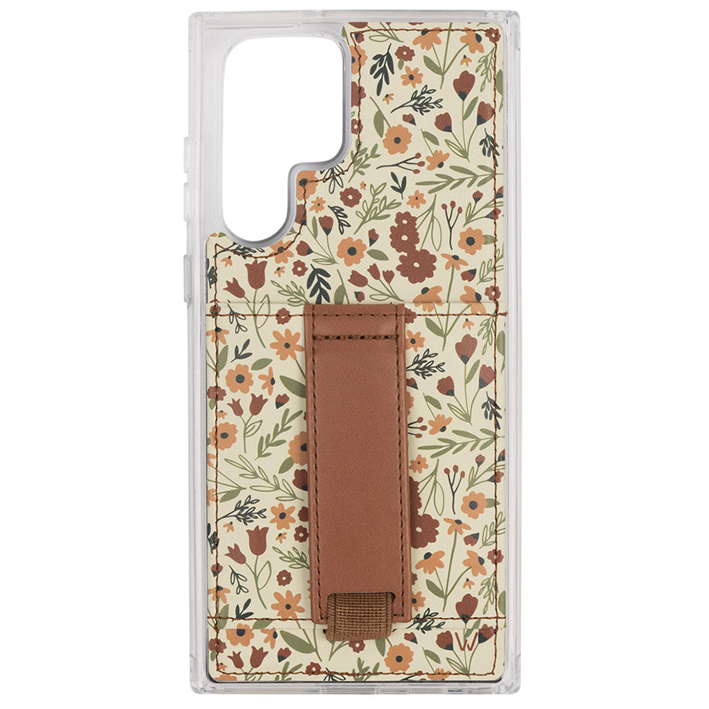 Floral phone case with clear bumper, brown strap pocket, and side cutout