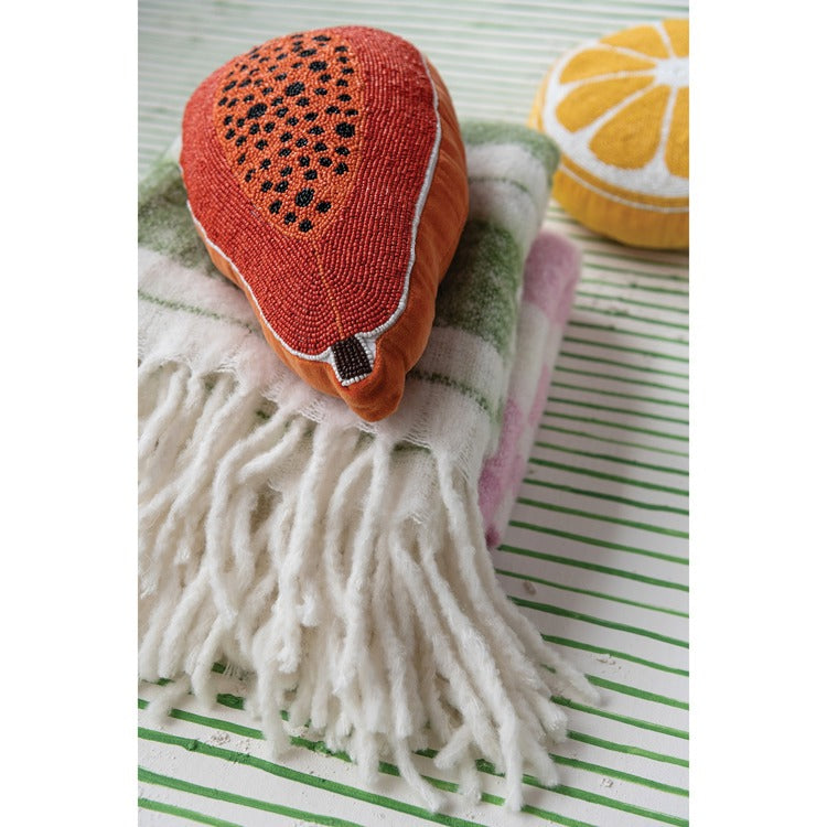 Papaya-shaped accent pillow, orange fabric back, beaded fruit front panel