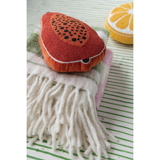 Papaya-shaped accent pillow with rounded orange bolster and beaded fruit center