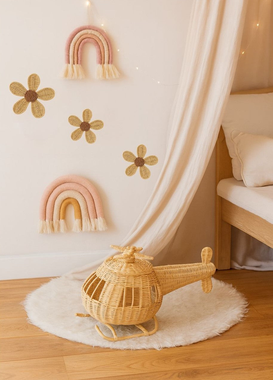Small natural rattan daisy wall hangings with woven petals