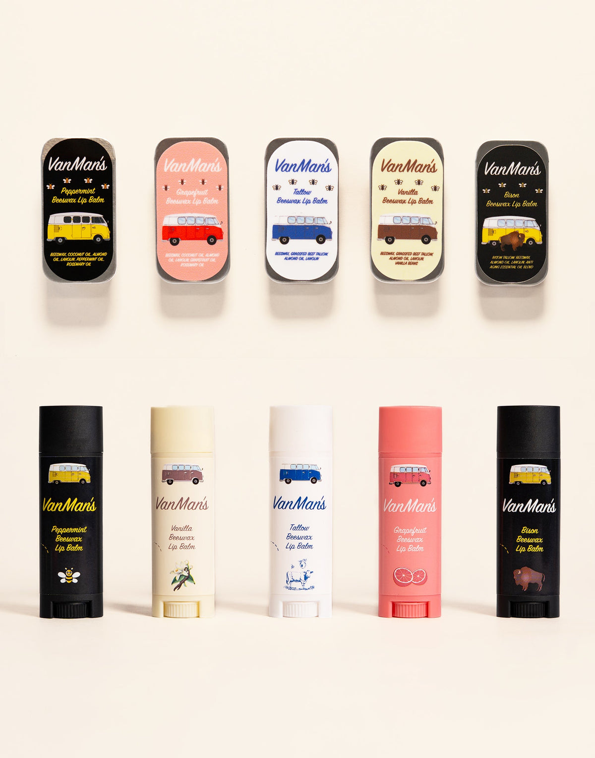 Assorted VanMan's beeswax lip balm tins and tubes set, multiple scents