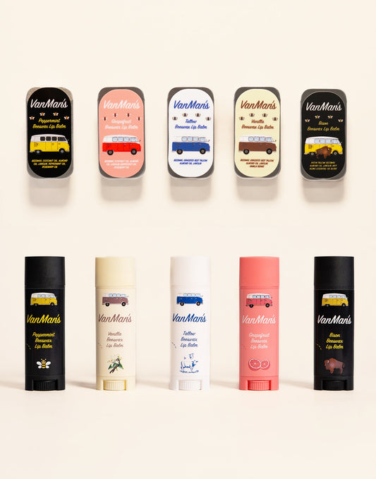 Assorted VanMan's beeswax lip balm tins and tubes set, multiple scents