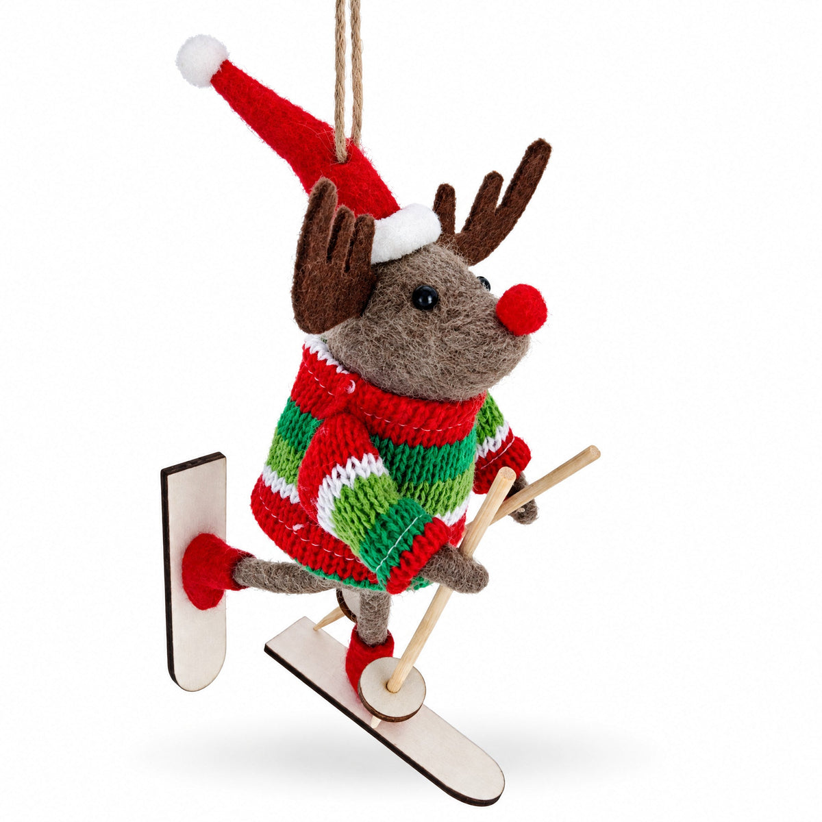 Felt reindeer skiing ornament with striped red-green sweater and red Santa hat