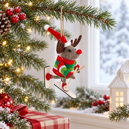 Felt reindeer skiing ornament hanging from twine, striped sweater and red Santa hat