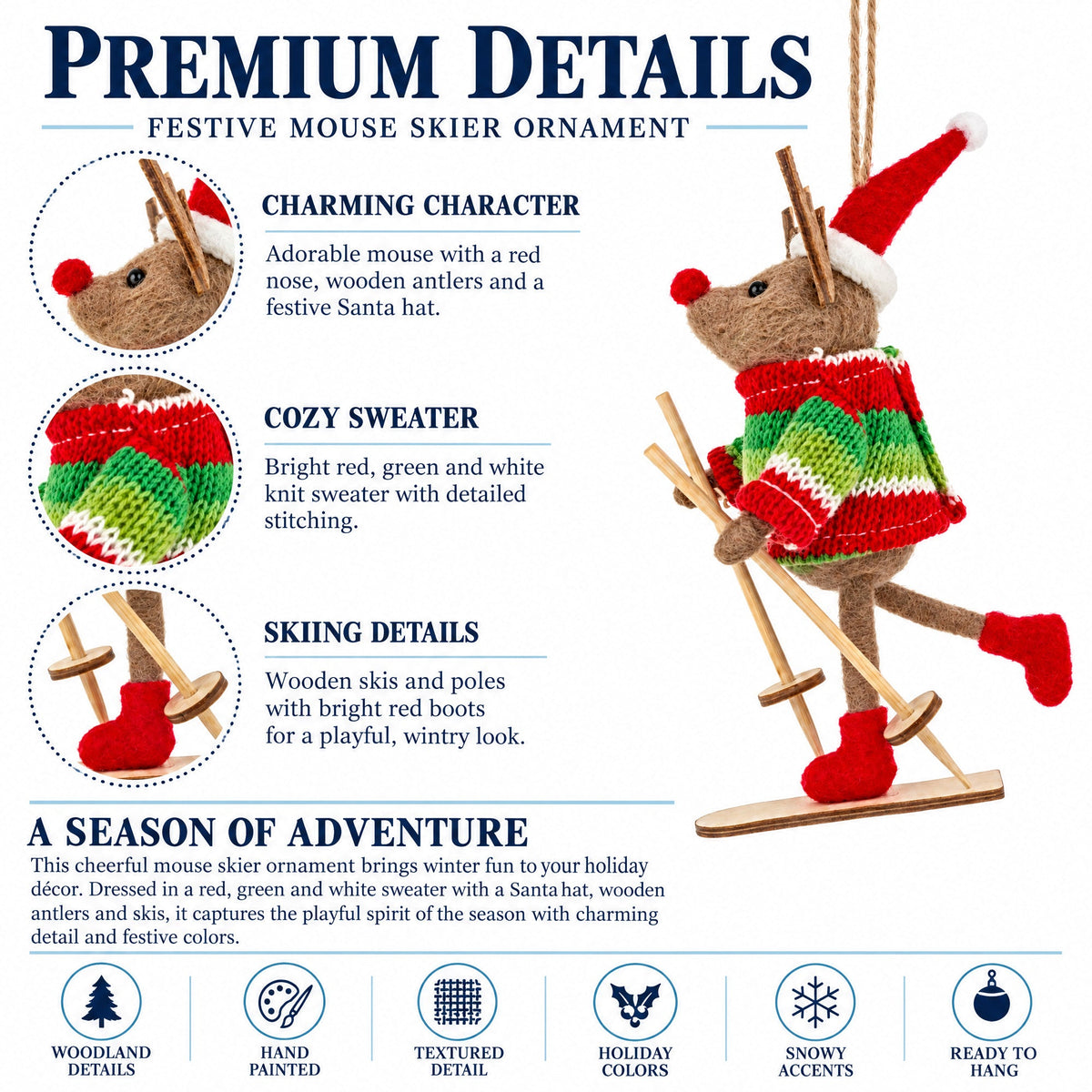 Felt reindeer skiing ornament with striped sweater, skis, and red Santa hat