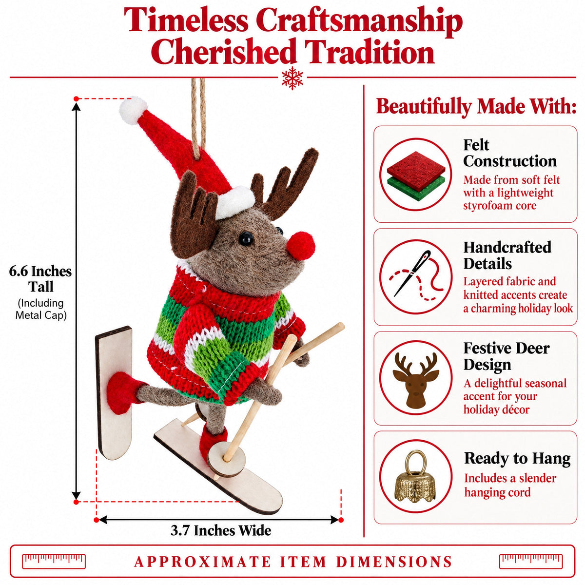 Felt reindeer skiing ornament with red Santa hat, striped sweater, and metal hanging hook