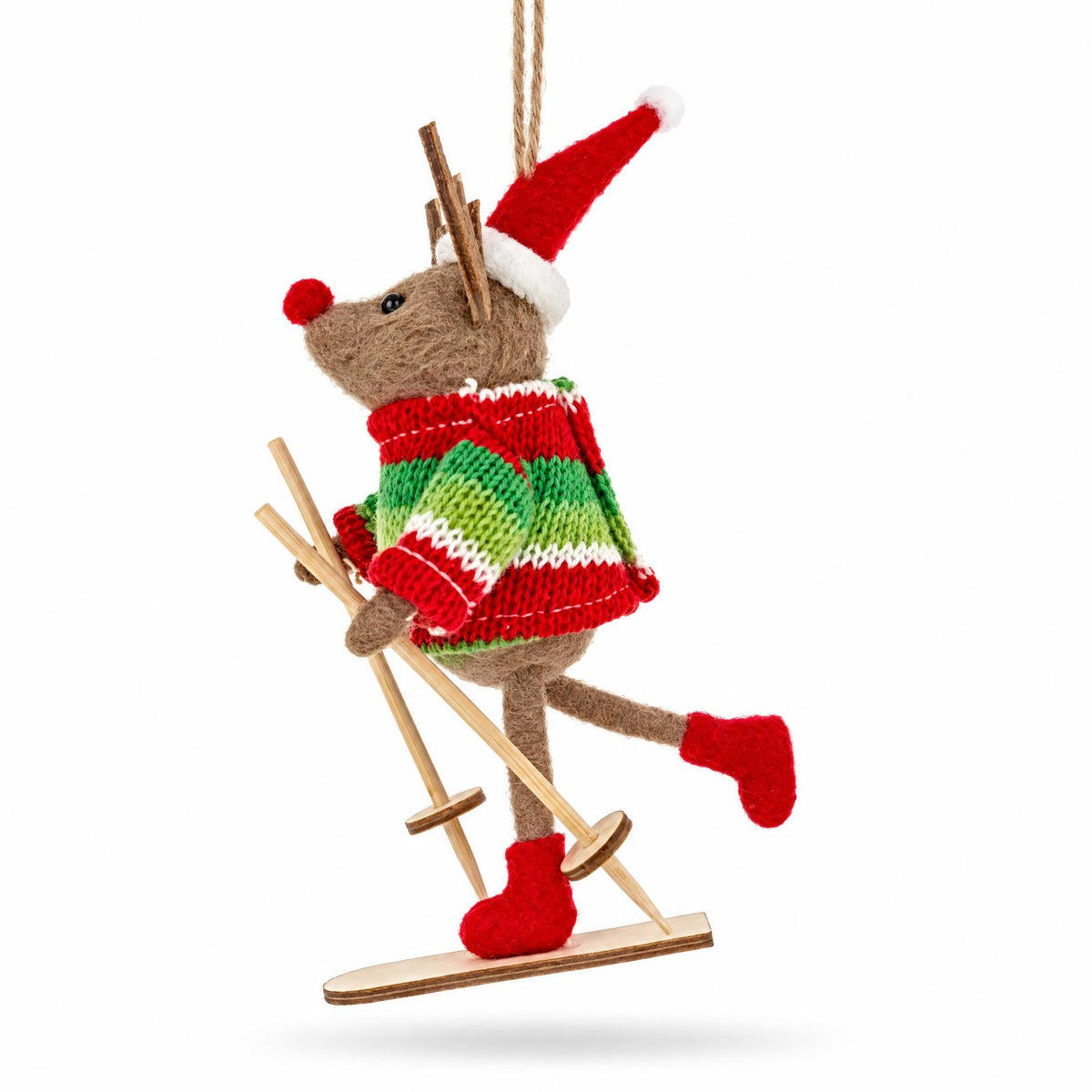 Felt reindeer skiing ornament with striped red-green sweater and red Santa hat, full skis