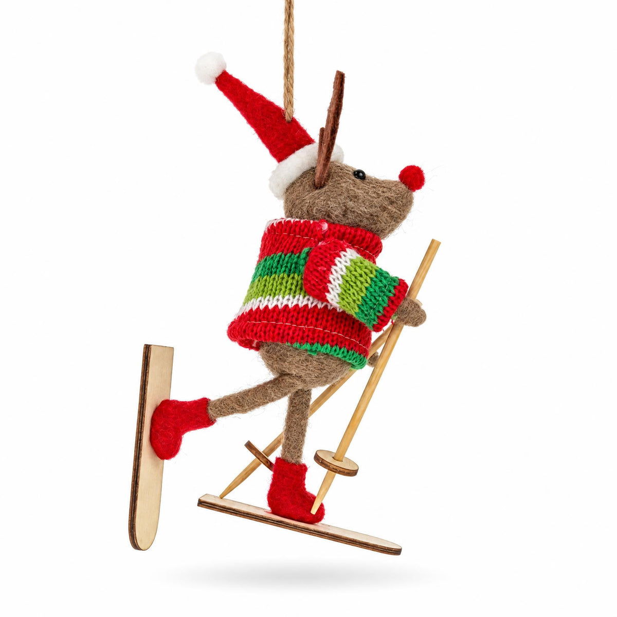 Felt reindeer skiing ornament with antlers, striped sweater, red Santa hat, and hanging cord