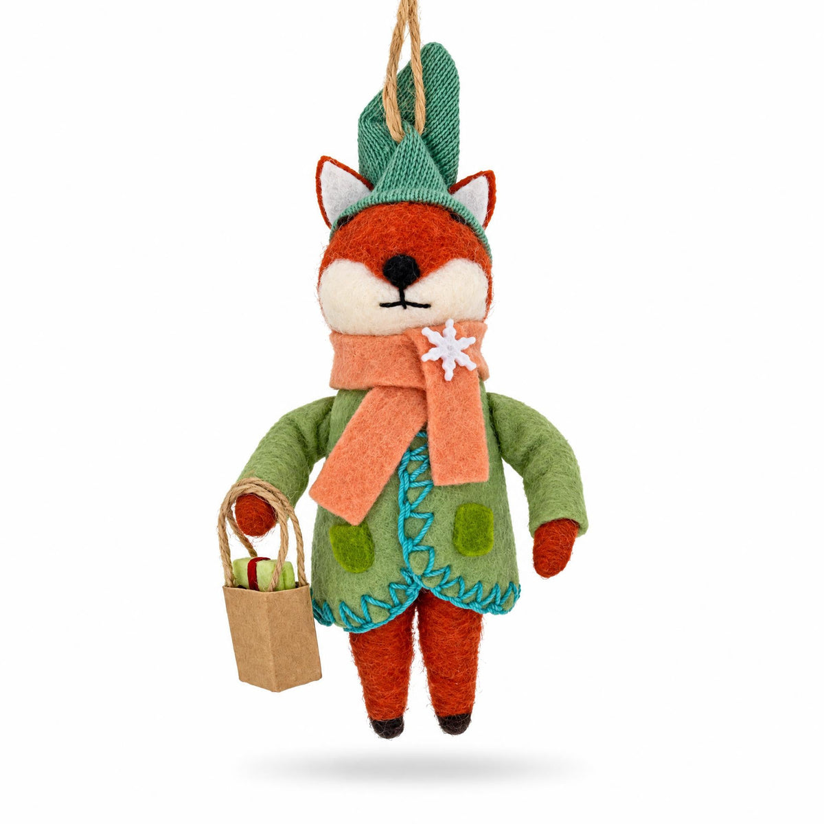 Felt fox Christmas ornament with teal hat, orange scarf, and small gift bag
