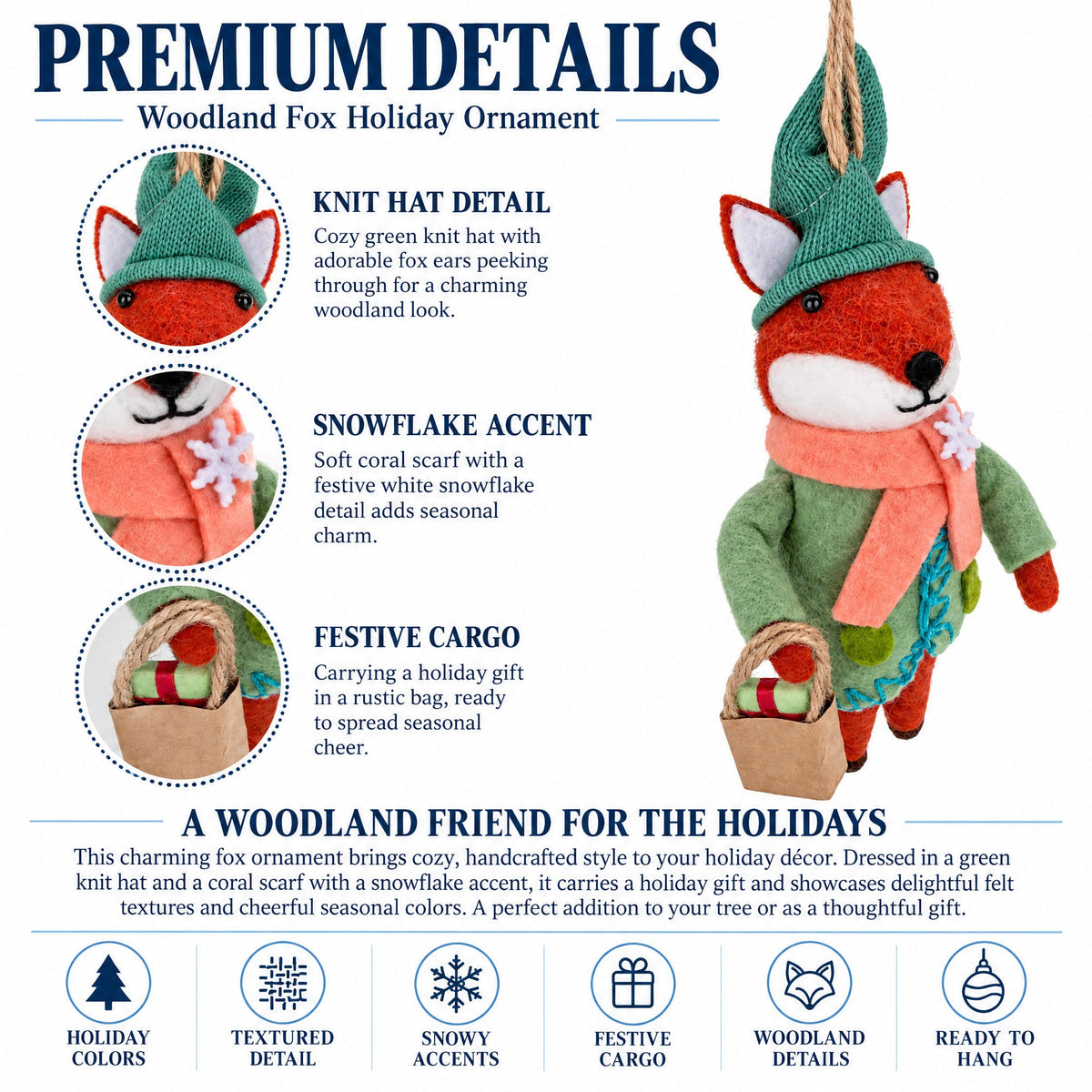 Felt fox ornament detail graphic showing snowflake accent and festive gift cargo