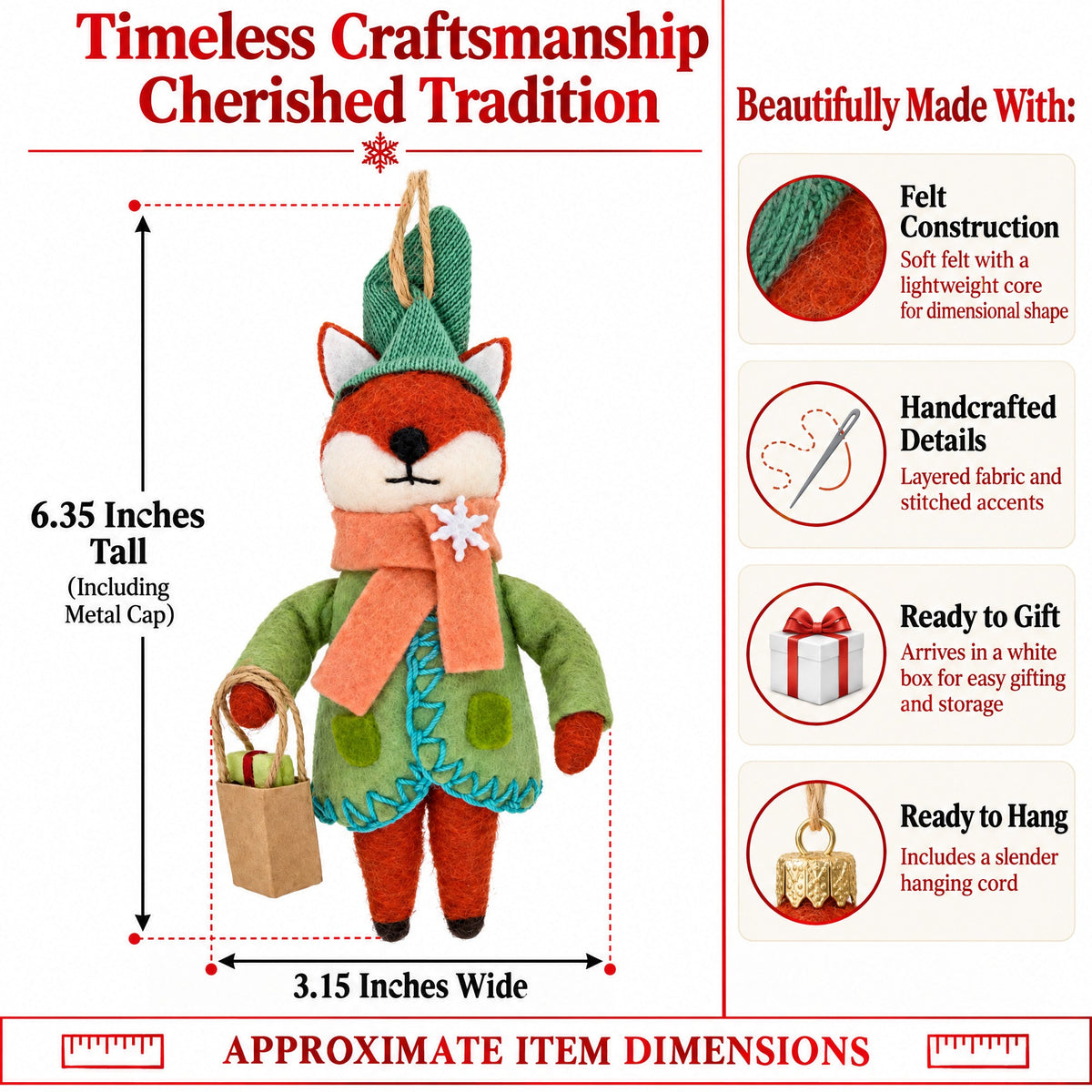 Felt fox ornament dimensions graphic with teal hat and orange scarf