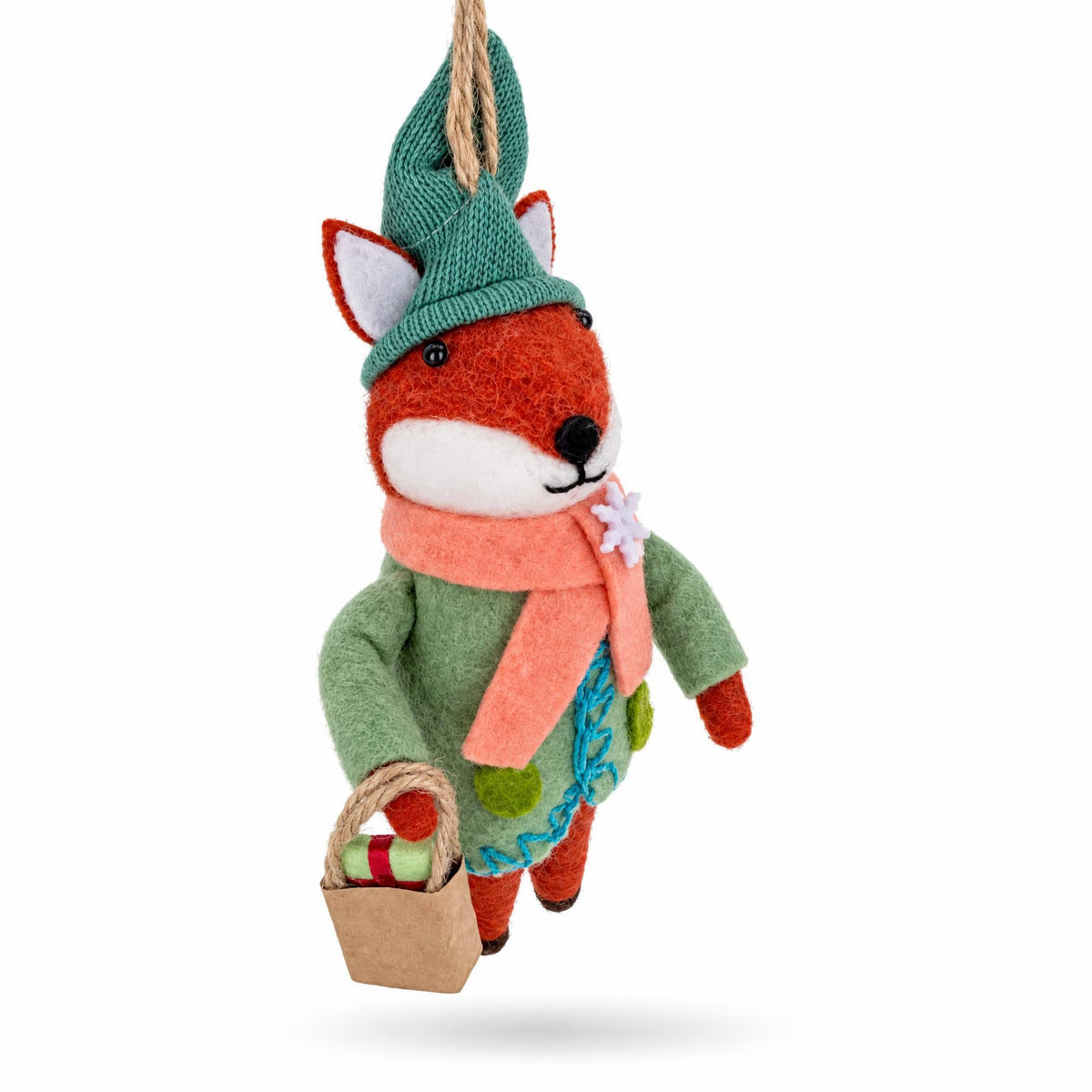 Felt fox Christmas ornament with teal hat, orange scarf, and striped gift bag