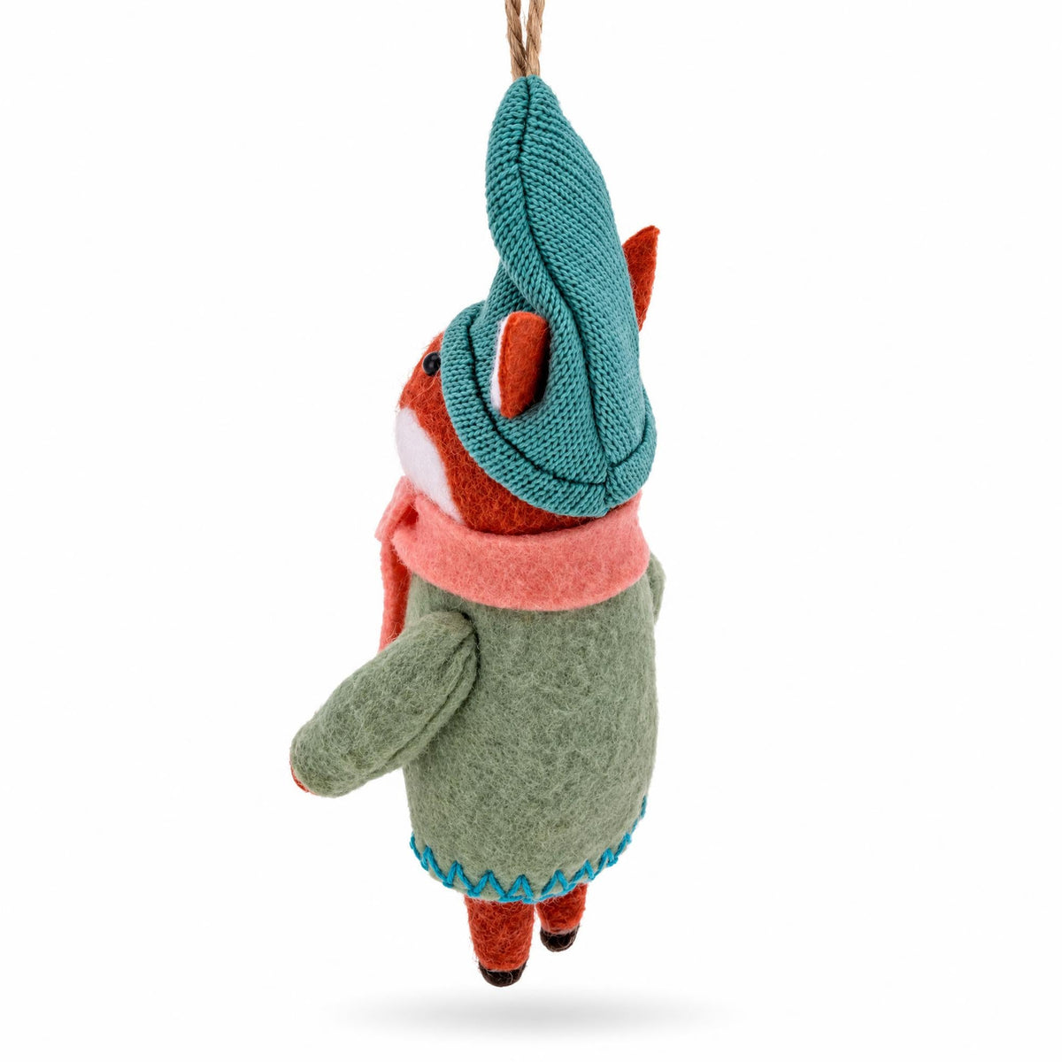 Felt fox Christmas ornament side view with teal hat and orange scarf