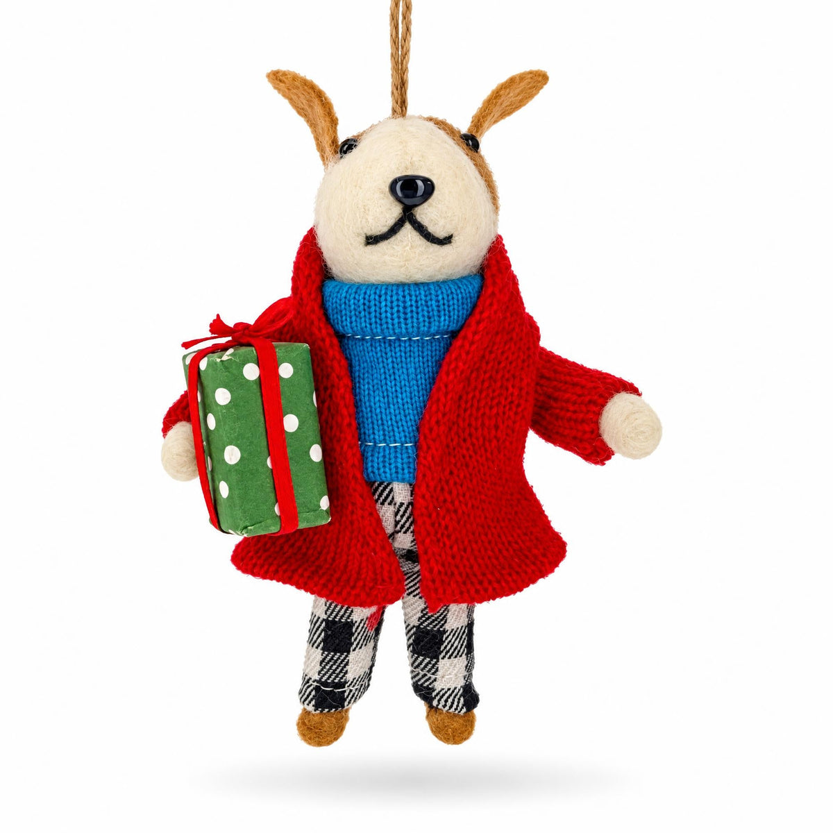 Felt dog ornament with red sweater coat, blue scarf, plaid pants, and green gift