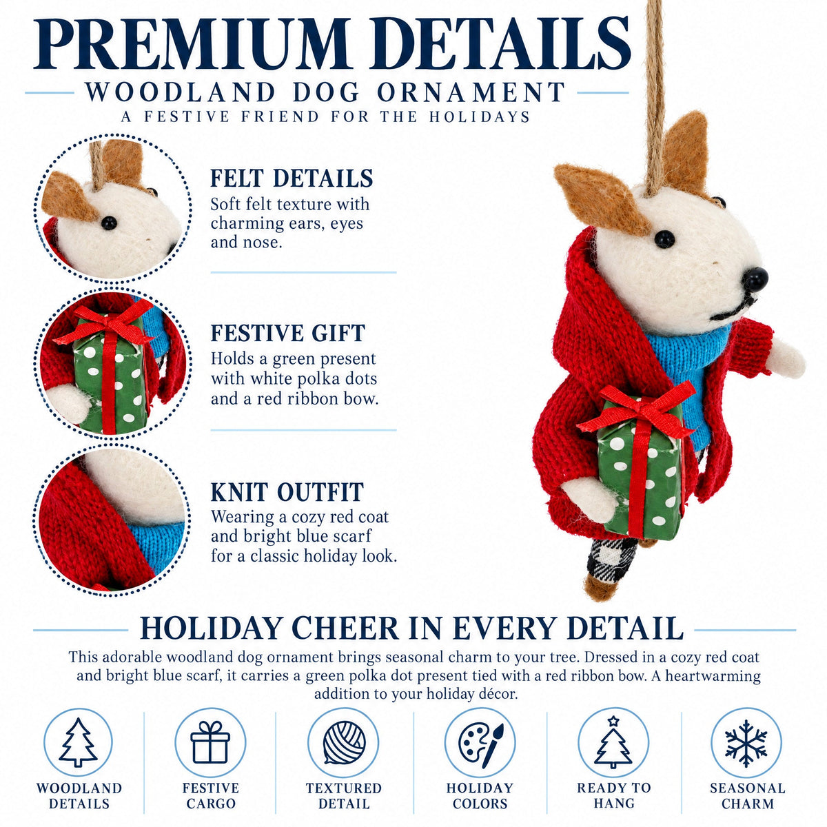 Felt dog ornament in red coat and blue scarf with plaid pants, holding a green gift