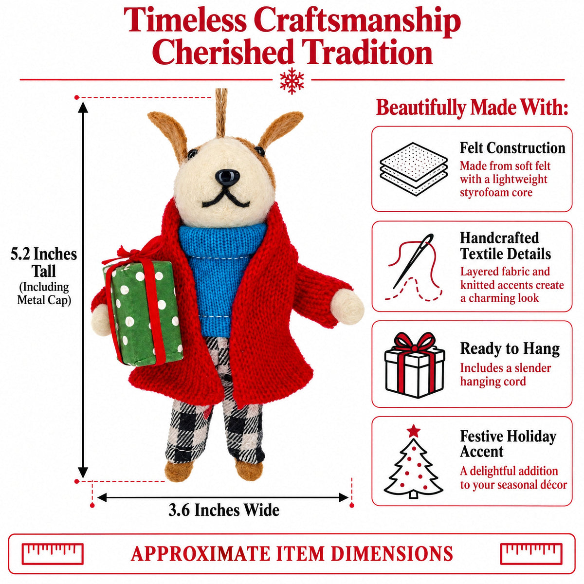 Felt dog ornament with red coat, blue scarf, plaid pants, and hanging cord