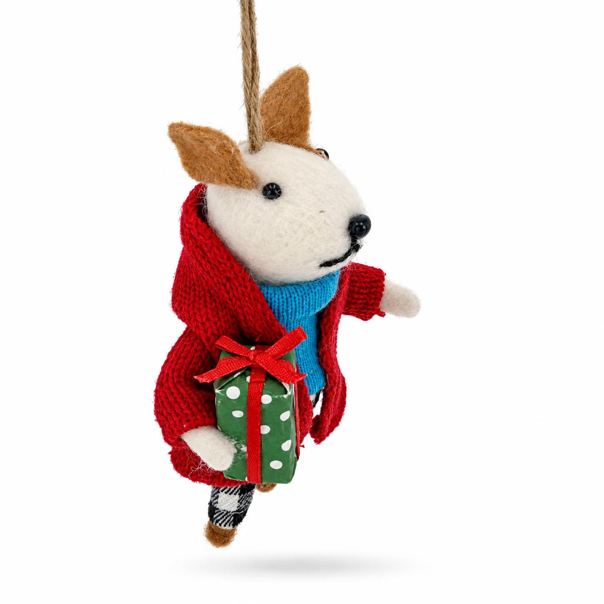Felt dog ornament holding a green polka-dot present with ribbon, red coat, blue scarf