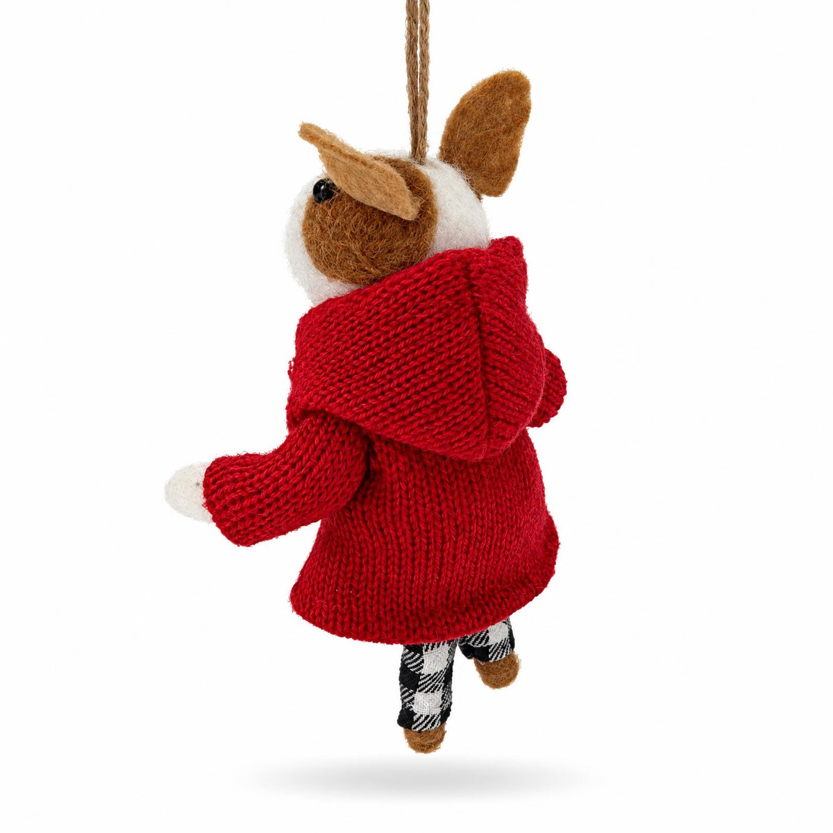Felt dog ornament from behind with red hooded coat, blue scarf, and plaid legs