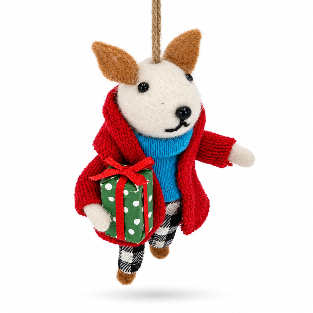 Felt dog Christmas ornament with red coat, blue scarf, and green polka-dot gift
