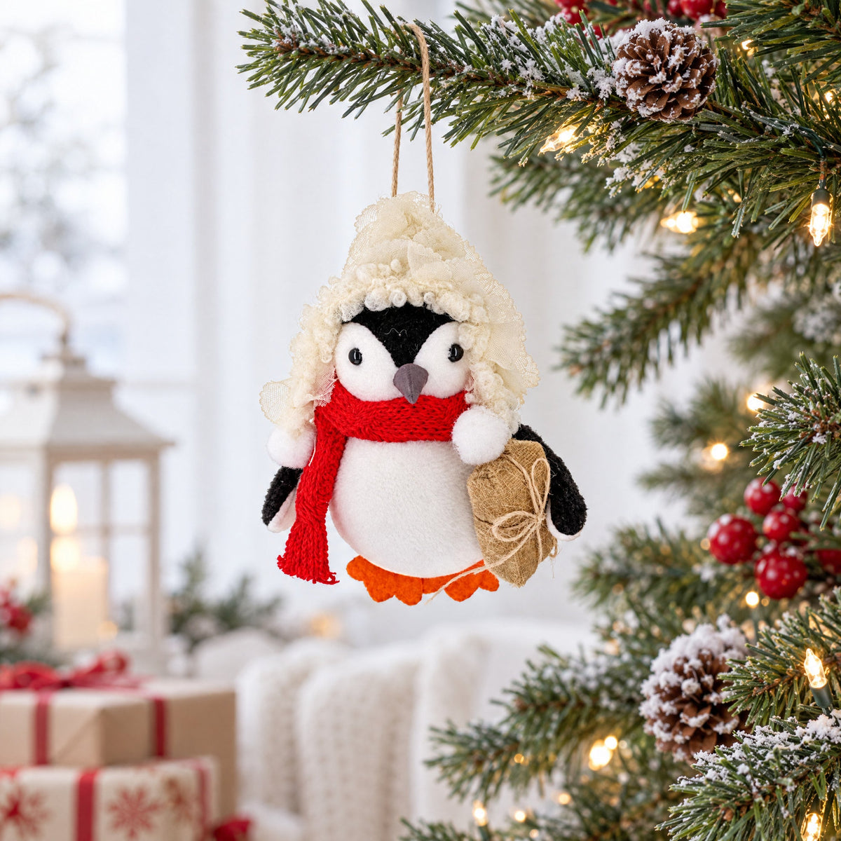 Felt penguin ornament hanging on tree, holding burlap gift, red scarf and cream hood