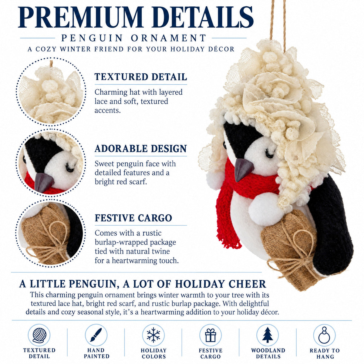 Felt penguin ornament with layered cream hood and red scarf, holding burlap-wrapped gift
