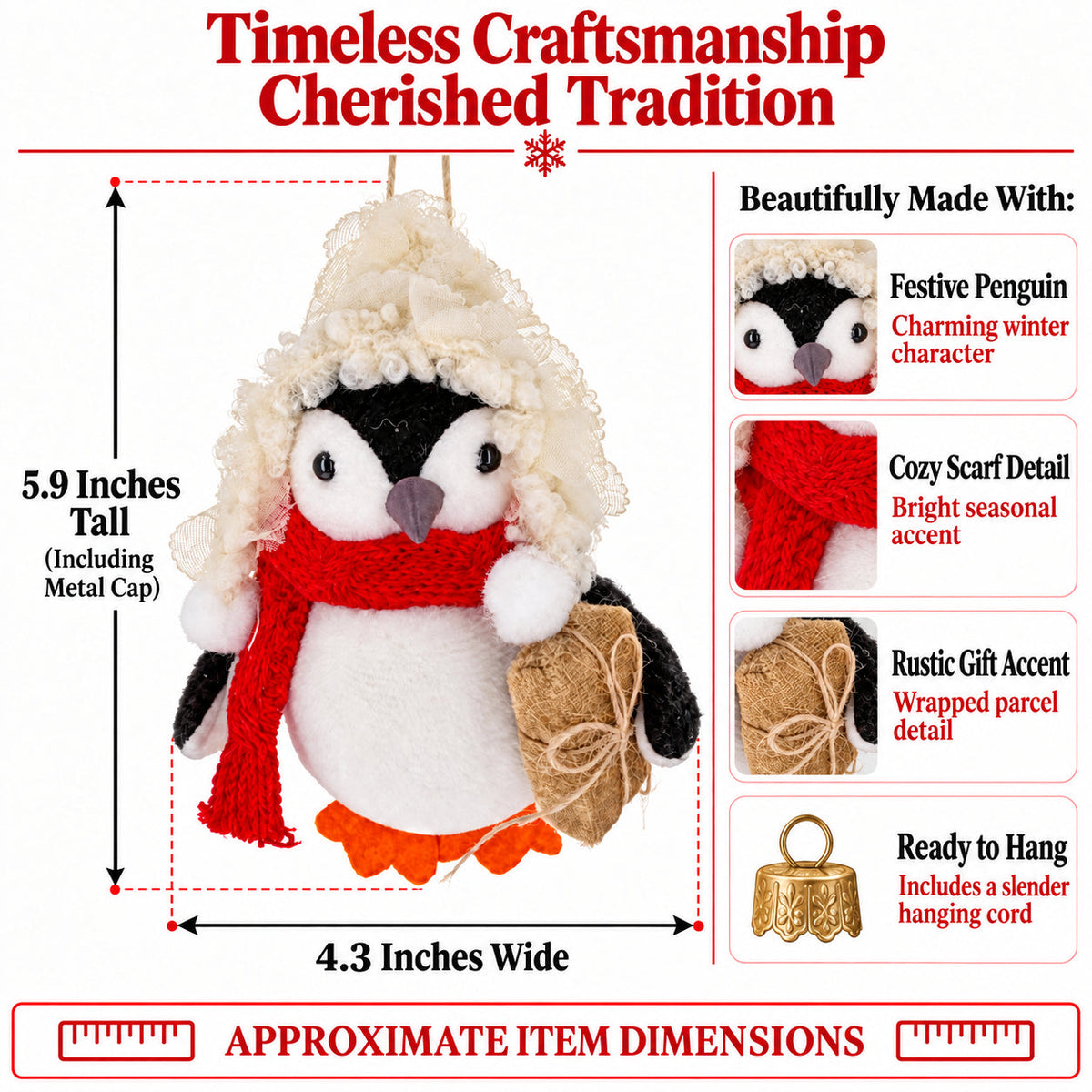 Felt penguin ornament with metal cap for hanging, textured cream hood, red scarf, burlap gift